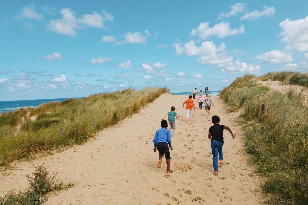 Zomeractiviteiten in de natuur - kinderen rennen een duin op