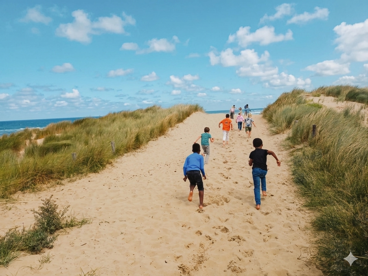 Zomeractiviteiten in de natuur - kinderen rennen een duin op